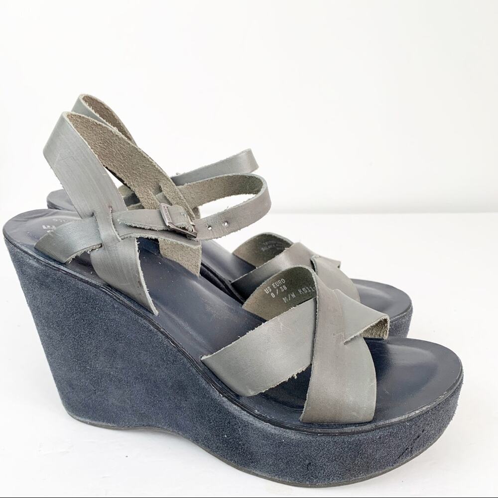 Kork-Ease Gray Wedge Leather Sandals SZ 8